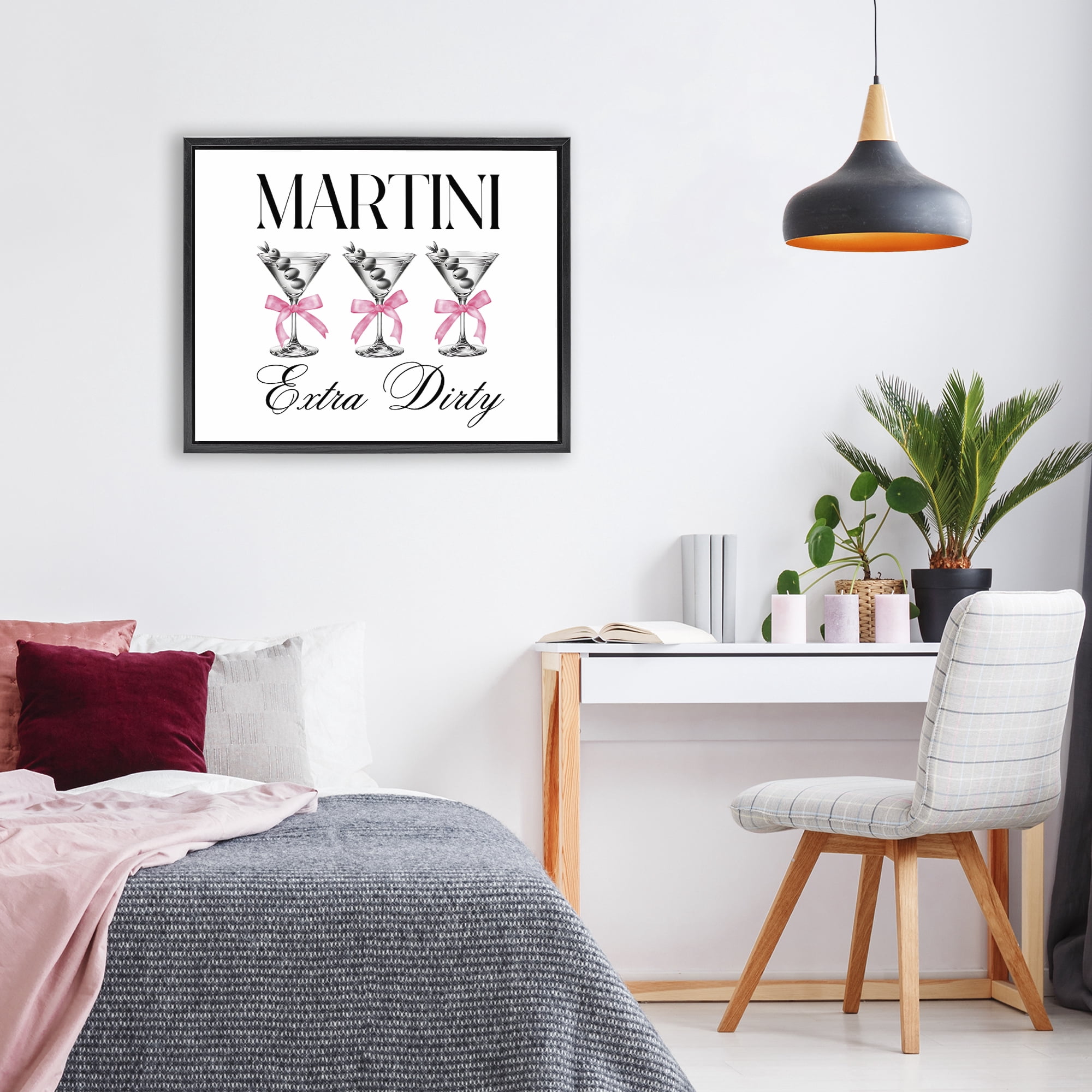 Stupell Industries Pink Ribbon Martini Trio Black Framed Floater Canvas Wall Art, design by Lettered and Lined