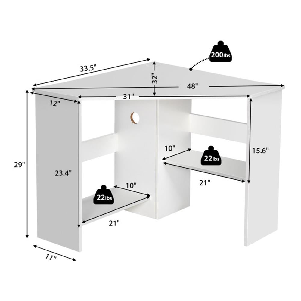 Demi Bonn Corner Computer Desk Triangle Writing Workstation with Storage Shelf, Small Home Office Desk Study Gaming Table, White