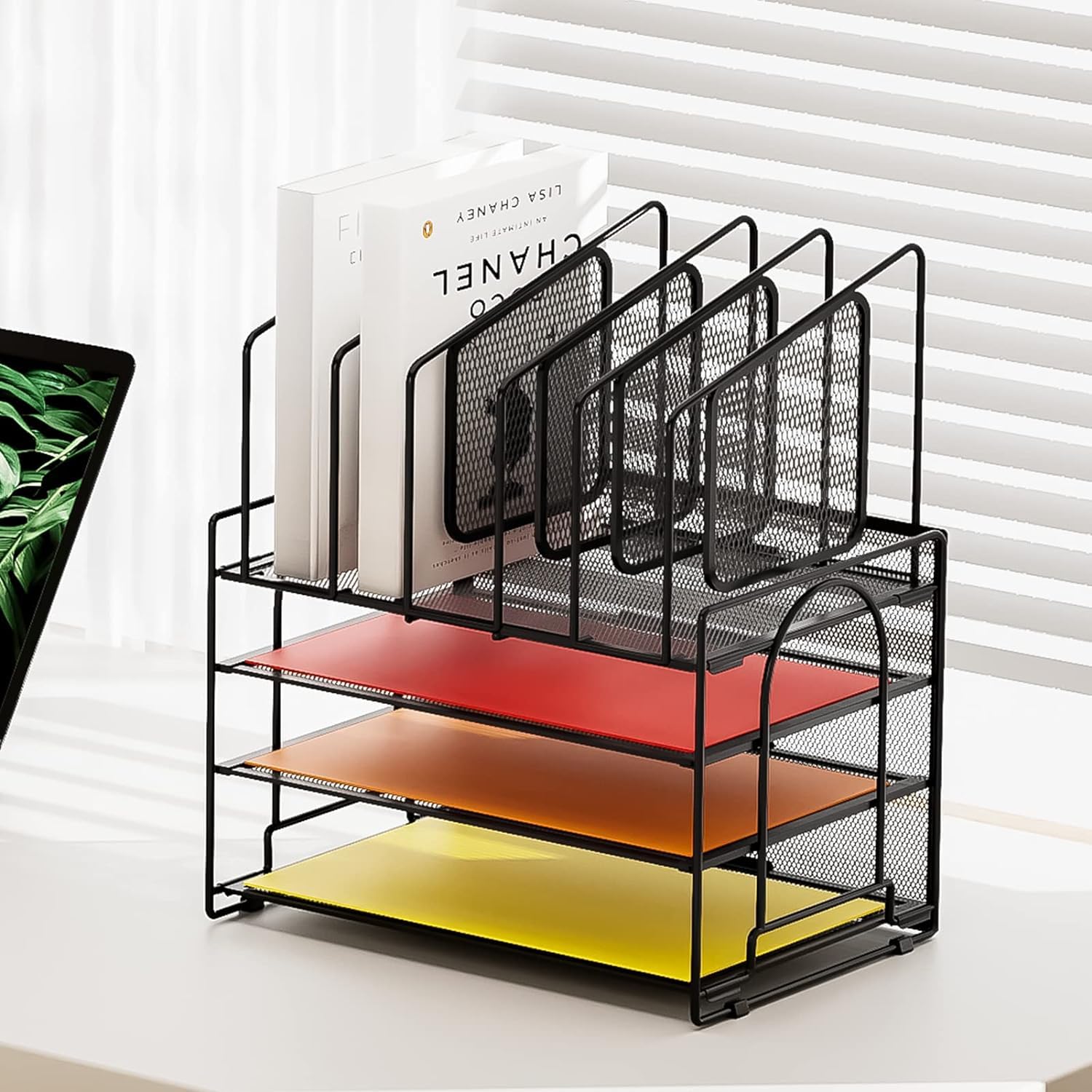Marbrasse 4-Tier Mesh Desk File Organizer,5 Vertical File Holder and Handle for Home Office (New Vertical Holder-Black)