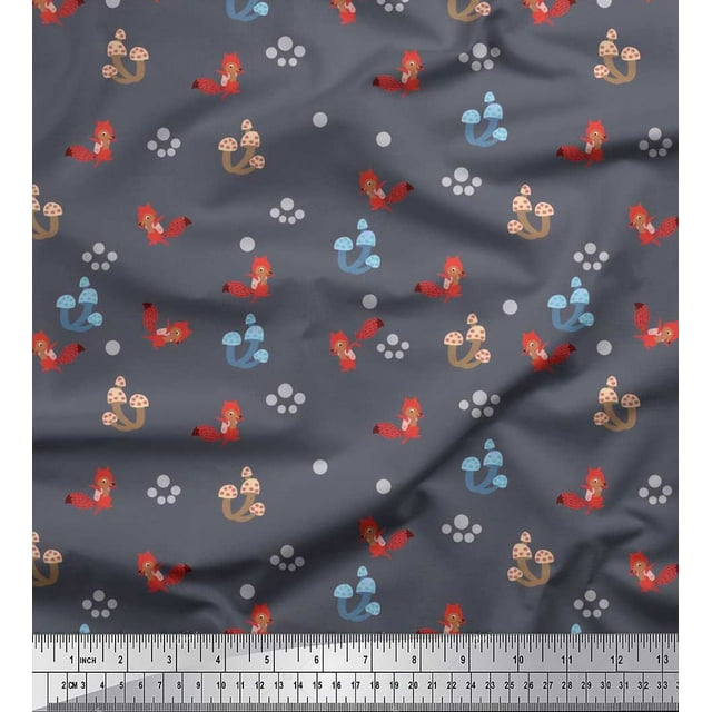 Soimoi Polyester Crepe Fabric Dot,Mushroom & Fox Cartoon Printed Craft Fabric by The Yard 52 Inch Wide