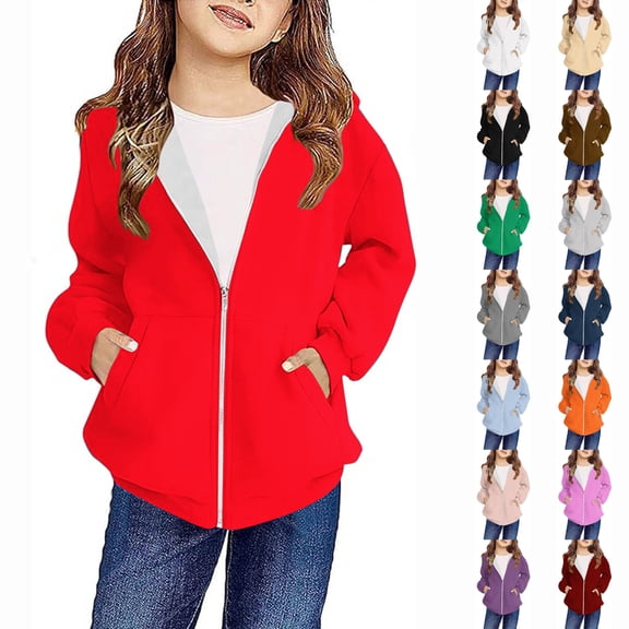 SROBPTY Child Girl Jackets Solid Long Sleeve Zip up Hooded with Pockets Outerwear Coat for 4-12Y