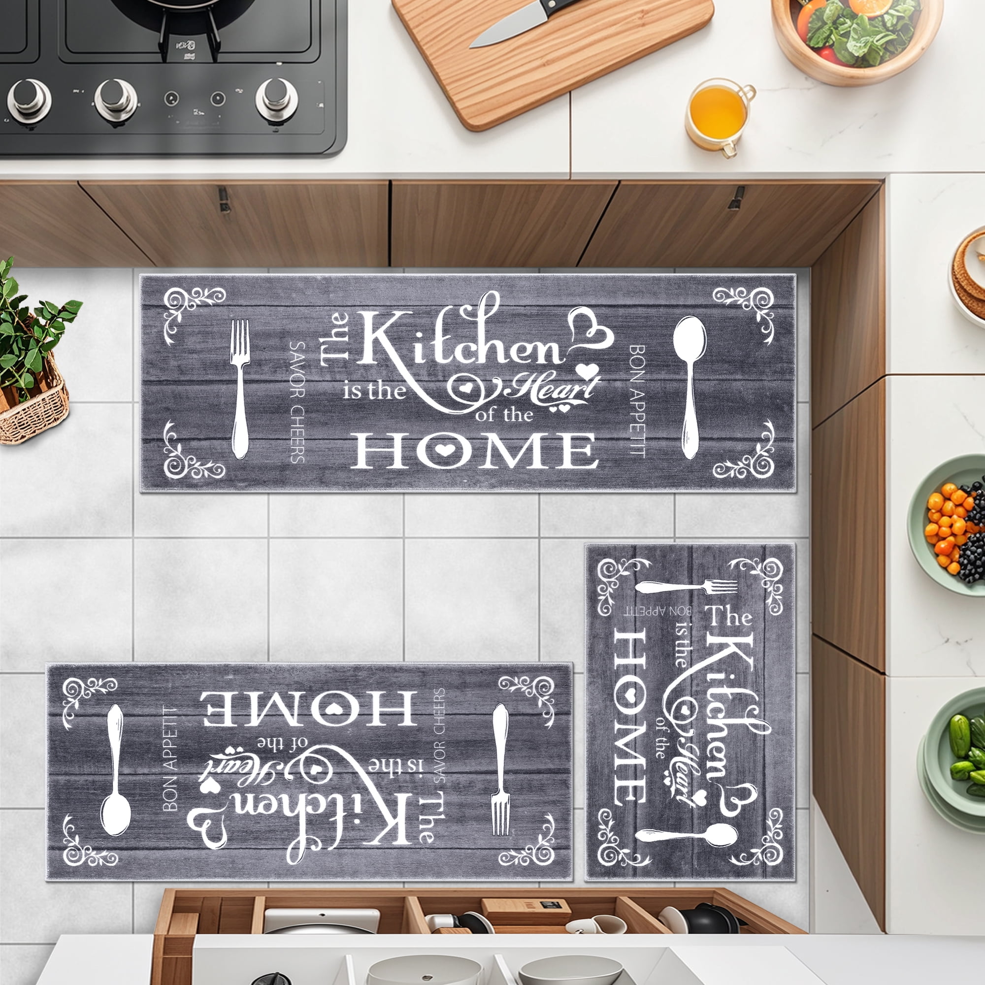 MeyJey Farmhouse Kitchen Rug Set, 3 Piece Non-Slip Kitchen Mat Machine Washable Runner Rug for Home Floor and Living Room, Dark Gray