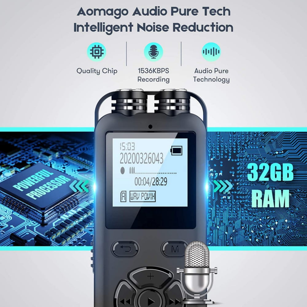 Digital Voice Recorder Aomago 16GB 1536 Kbps Voice Activated Recorder Tou 16GB 