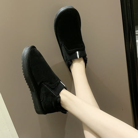 

Foraging dimple Women Flat with Warm Short-Plush Winter Slip On Leather Round Toe Boots Casual Shoes Black