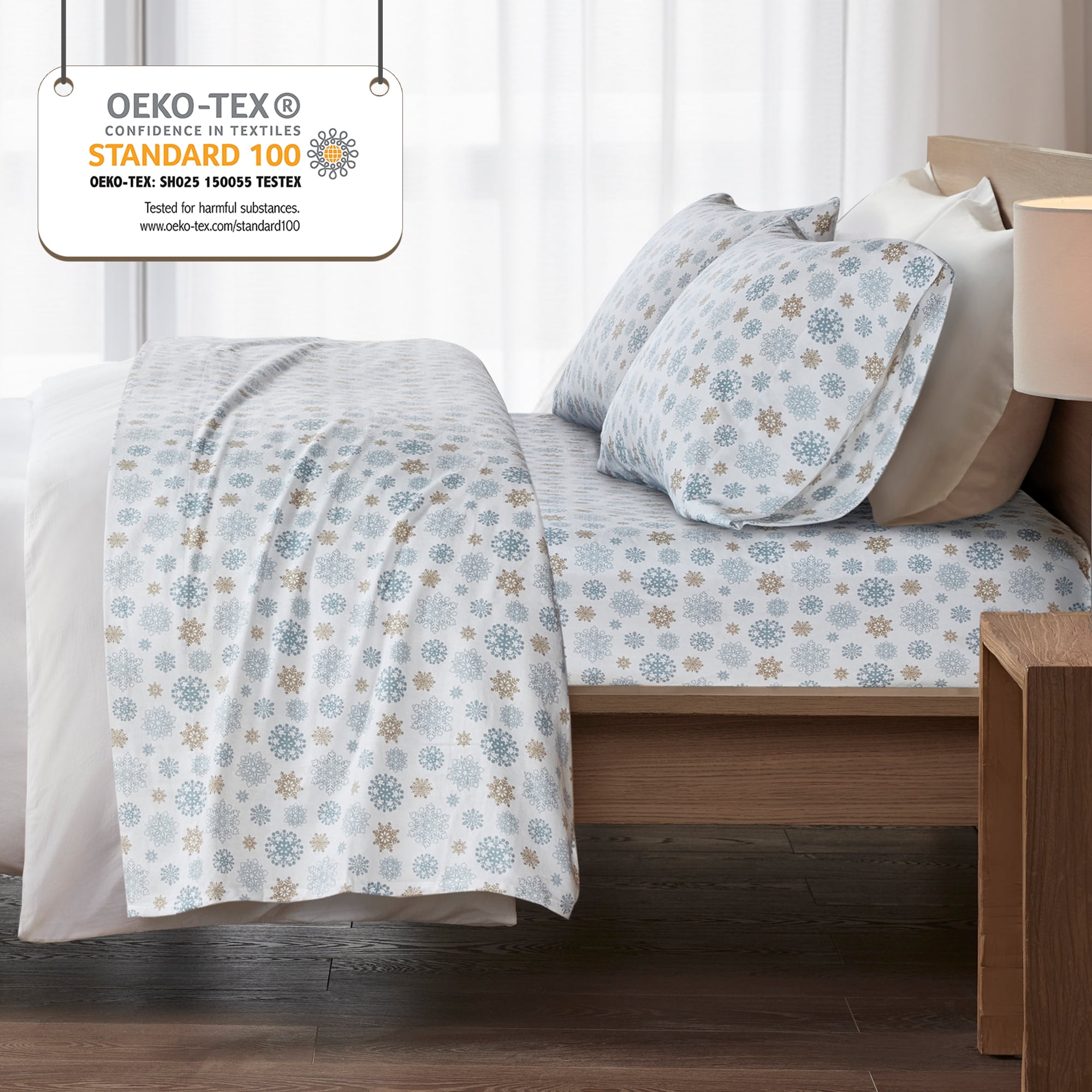 Regency Heights Full Size Cotton Flannel Sheet Set, 4-Piece Flannel Bed Sheets Full, 100% Cotton Bed Sheets Set with Deep Pocket, Tan/Blue Snowflakes