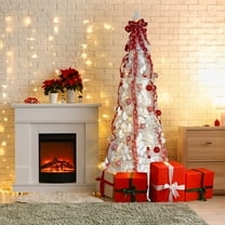 UBesGoo 6ft Pre-lit Christmas Tree, Fully Decorated Pop-Up Artificial Tree with 100 Warm Lights & Red Ornaments, White
