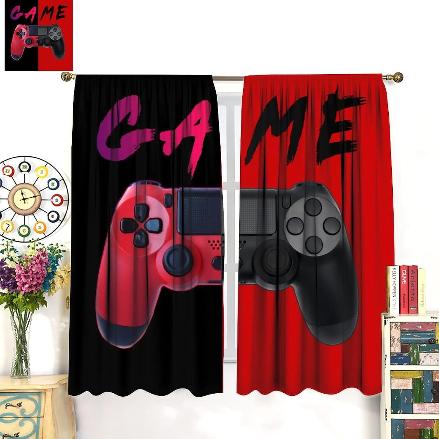 Video Game Curtains, Gamepad Red Blackout Window Drape Boys Bedroom Drapes Art Printed Living Room Decor 42'''' W x 84'''' L x2【Blackout】 Game-4