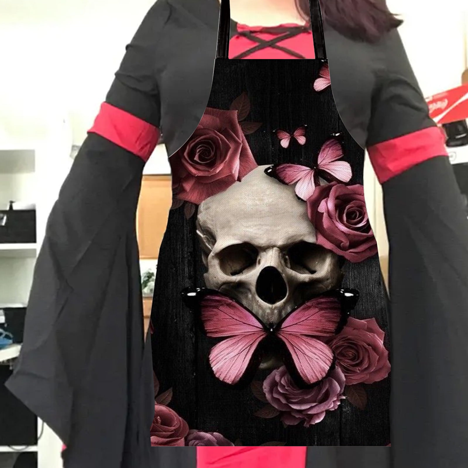 Halloween Apron For Men And Women, Premium Skull Rose Pattern Gothic Holiday Decorative Apron for Kitchen, Dining Room, Cooking