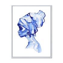 Designart 'Afro American Woman Blue Fashion Portrait' Modern Framed Canvas Wall Art Print