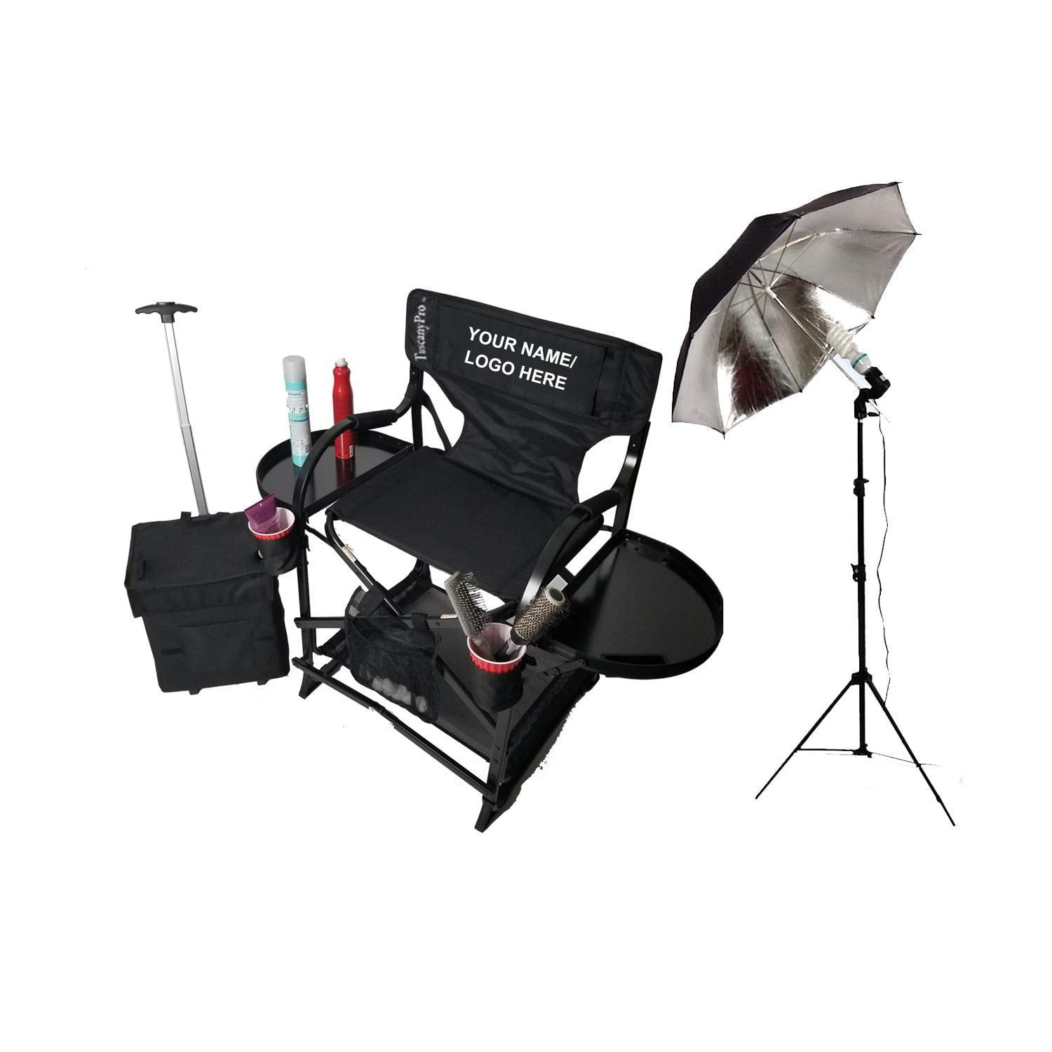 TuscanyPro Portable Makeup Artist Chair with Storage Cart & Umbrella