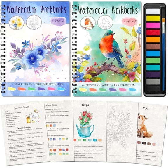 Elfew 2 Pack Watercolor Workbooks for adults – 12 Animal/Flower Paintings Each, 12-Color Paint Set, Brush, Palette – Step-by-Step Coloring Kit