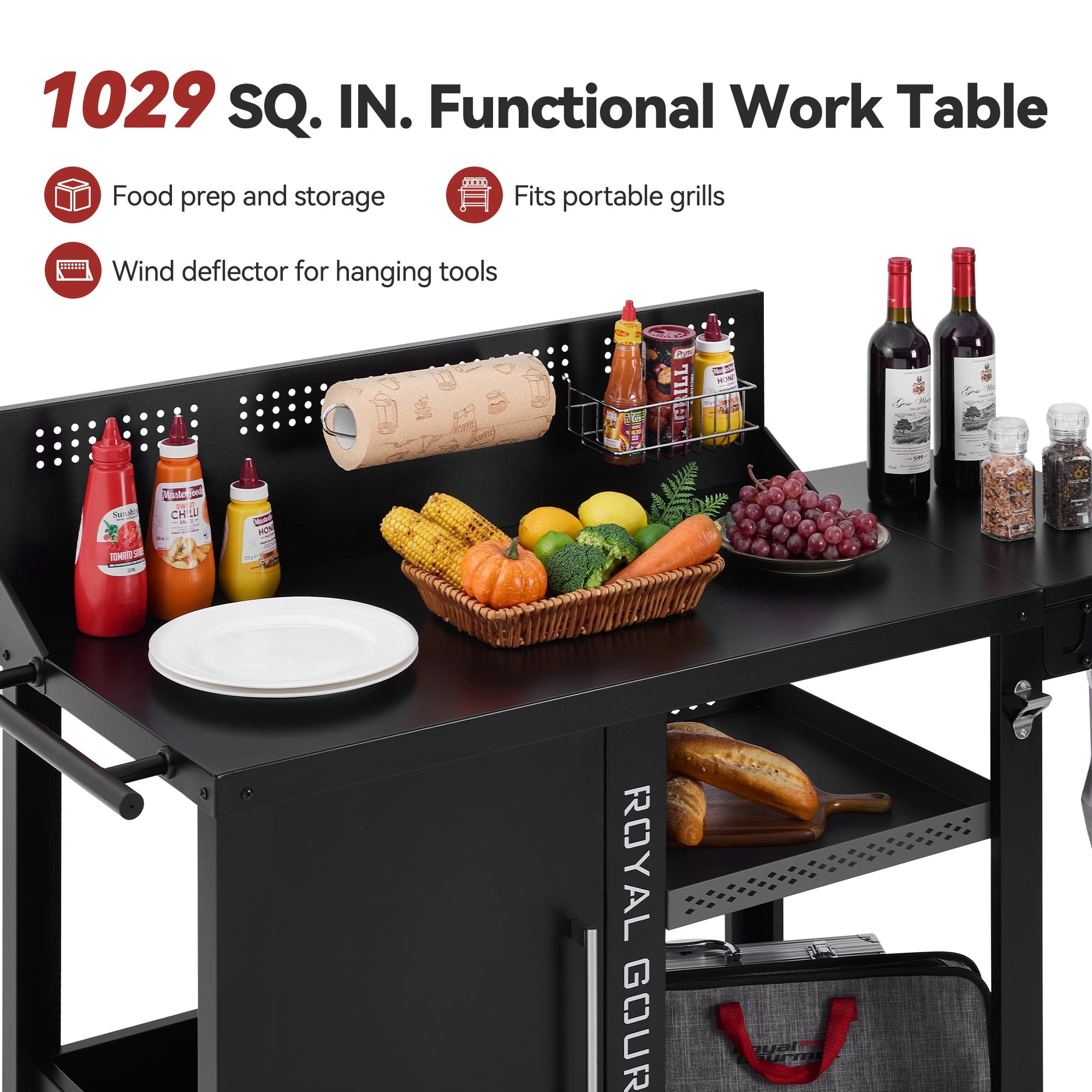 Royal Gourmet PC4001B 3-Tier Prep & Work Table with Middle Shelf for Indoor and Outdoor Use, Black