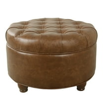 Gery Accent Storage Ottoman, 25 Inch Round Tray Top Brown Faux Leather