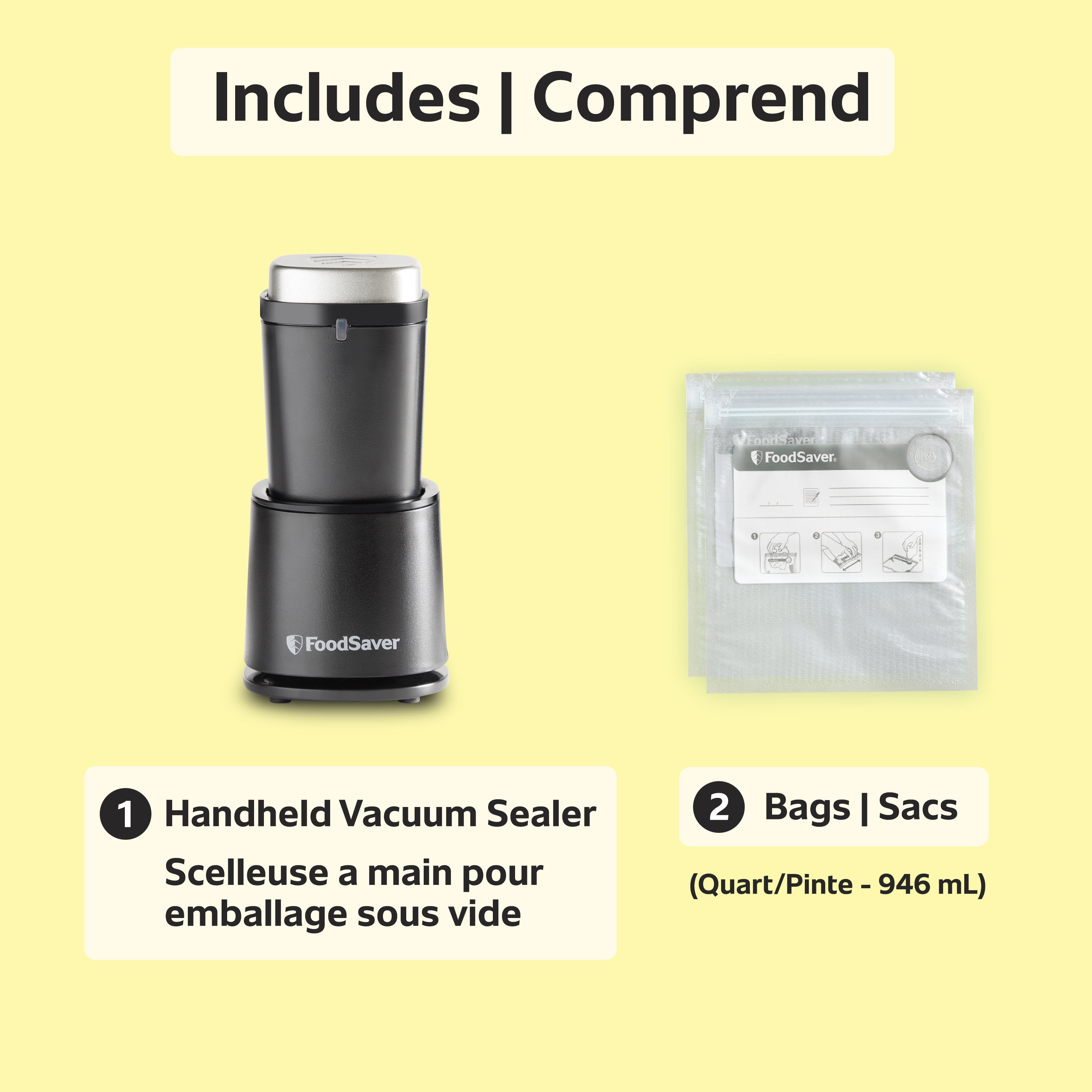 Scelleuse sous vide portative pour aliments sans fil FoodSaver V1100 et deux sacs à glissière de 946 ml (1 pinte)