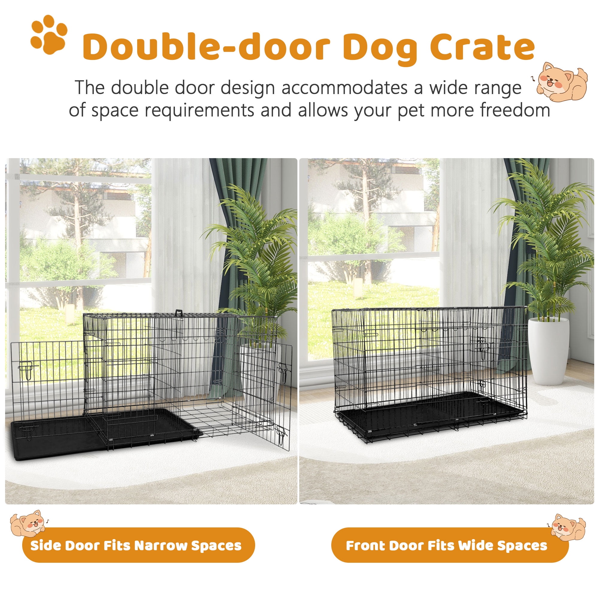 YRLLENSDAN 42 inch Dog Crate, Dog Crates and Kennels Foldable Large Dog Crate for Large Dogs with Handle Double-Door Outdoor Metal Wire Dog Cage with Plastic Tray for Medium Dogs, Black