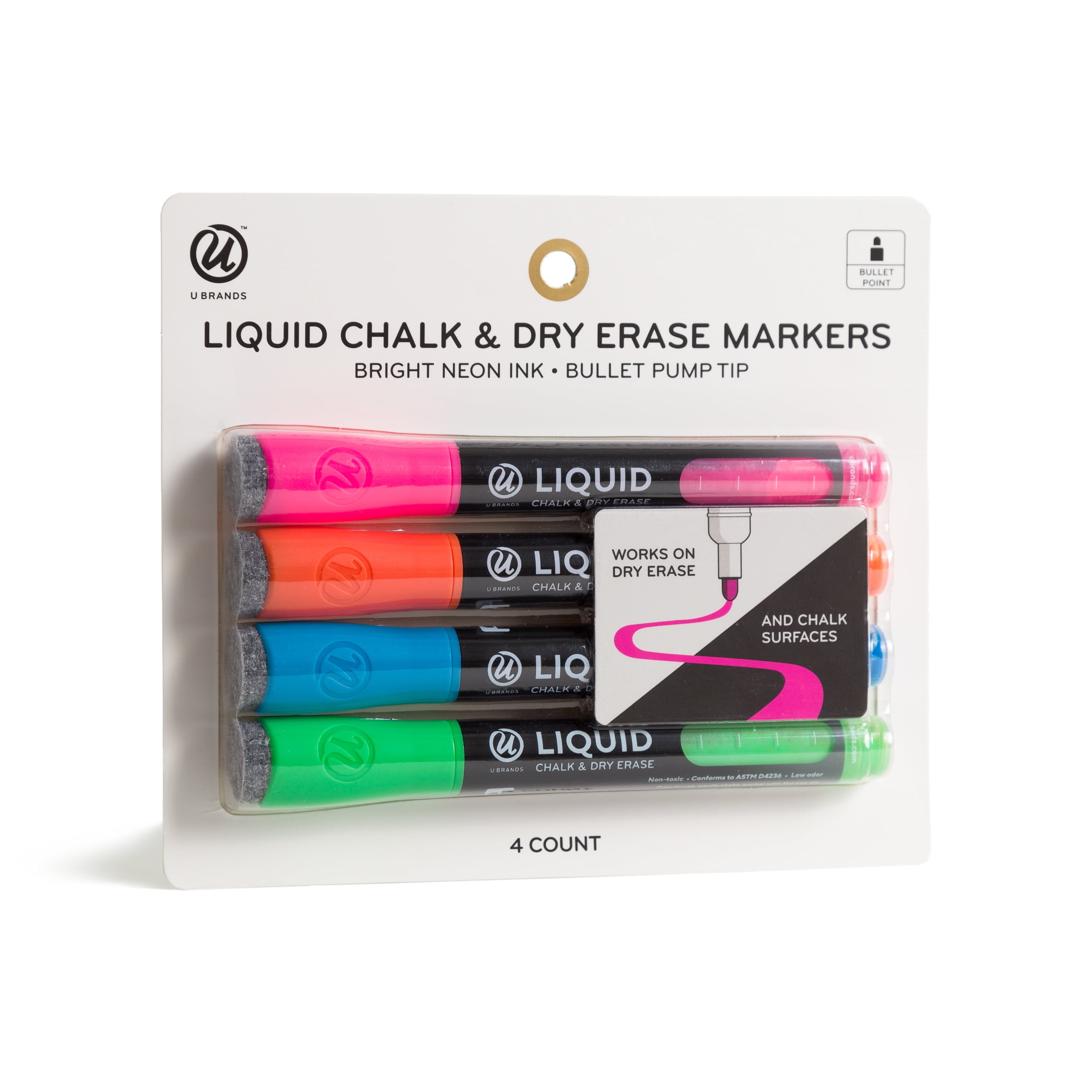 U Brands Liquid Chalk and Dry Erase Markers, Bullet Tip, 4 Count, 3368U
