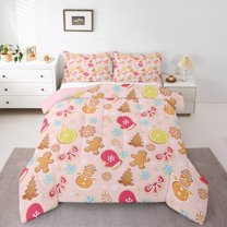 Manfei Merry Christmas Full Size Comforter Sets for Kid, Kawaii Gingerbread Man Bedding Comforter Set, Gold Xmas Tree Reversible Bedding Sets, Microfiber Bedroom Decor, 3 Pieces