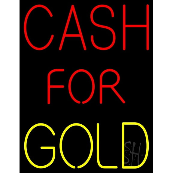 Cash For Gold LED Neon Sign 19 x 15 - inches, Black Square Cut Acrylic Backing, with Dimmer - Bright and Premium built indoor LED Neon Sign for Pawn store interior decor, and stroefront.