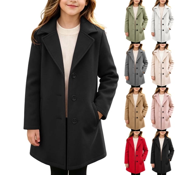 Teyfeniy Girls Trench Coats Lapel Long Jackets Fall Winter Casual Button Down Long Sleeve Overcoat Fuzzy Solid Coloar Fashion Outwear