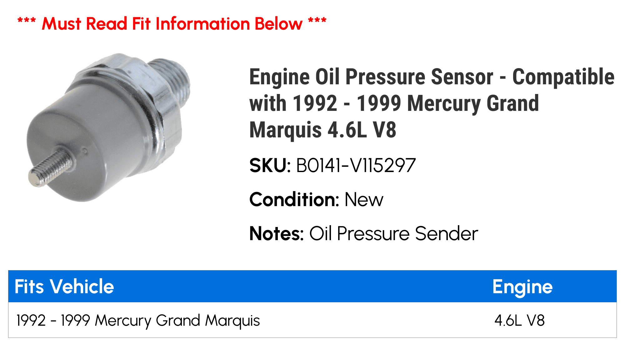 Engine Oil Pressure Sensor - Compatible with 1992 - 1999 Mercury Grand Marquis 4.6L V8 1993 1994 1995 1996 1997 1998