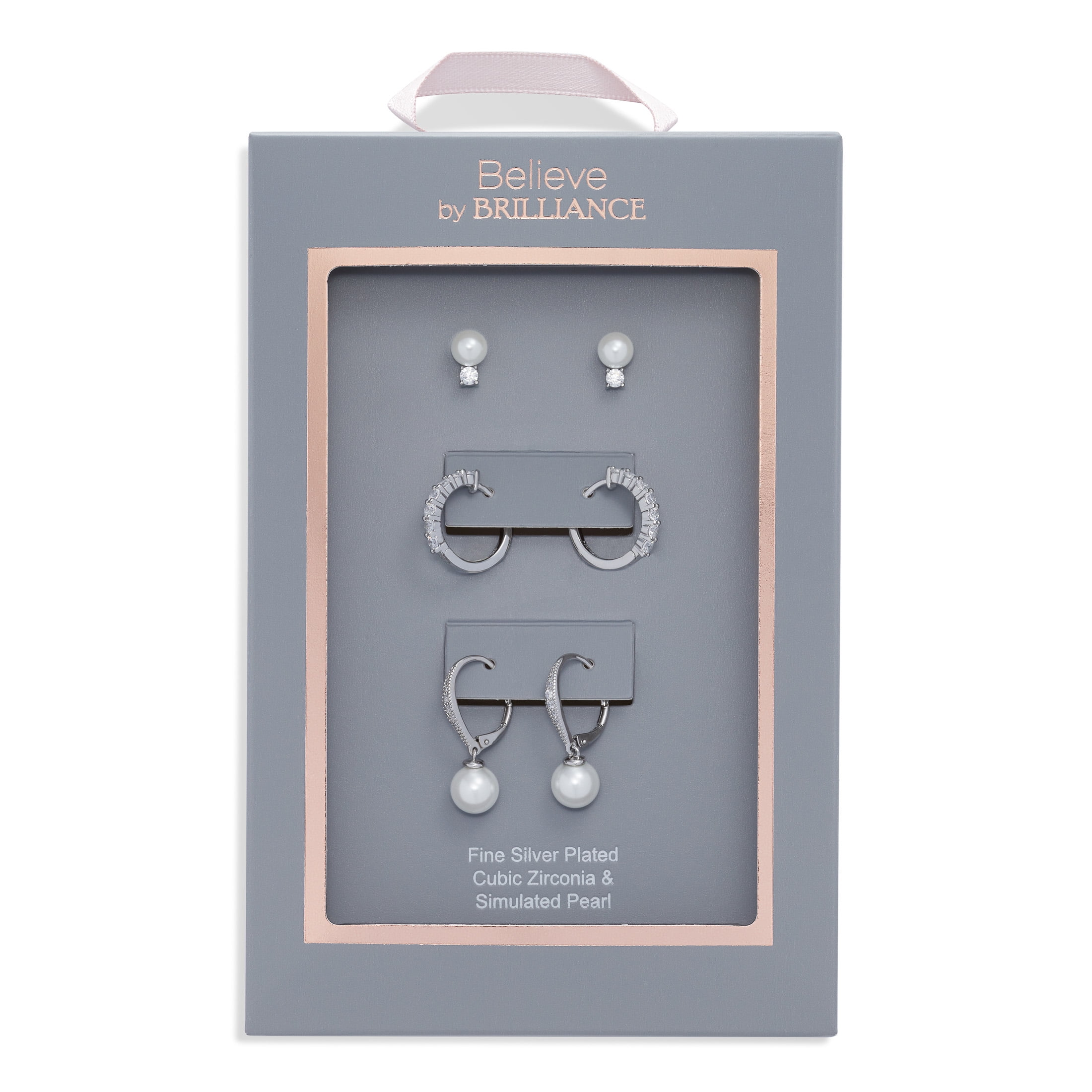 Believe by Brilliance Women's Fine Silver Plated Simulated Pearl and CZ Earring Set