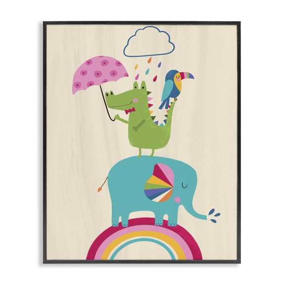 Stupell Industries Cottage Animals Standing on Rainbow Kid's Elephant Alligator Toucan Black Framed Giclee Art, 11 x 14, by Louise Allen Designs