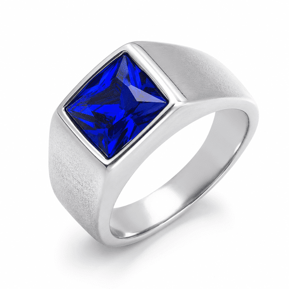 Kodiake Geometric Square Blue Cubic Zirconia Men's Ring, High Polish 304 Stainless Steel Band for Daily Wear and Special Occasions