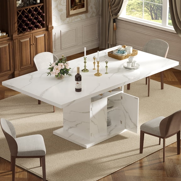 WARAYZ Extendable Dining Table 47.2"63" Rectangle Kitchen Table with Storage Cabinet & Wine Rack, Marble Finish, Seats 48, White