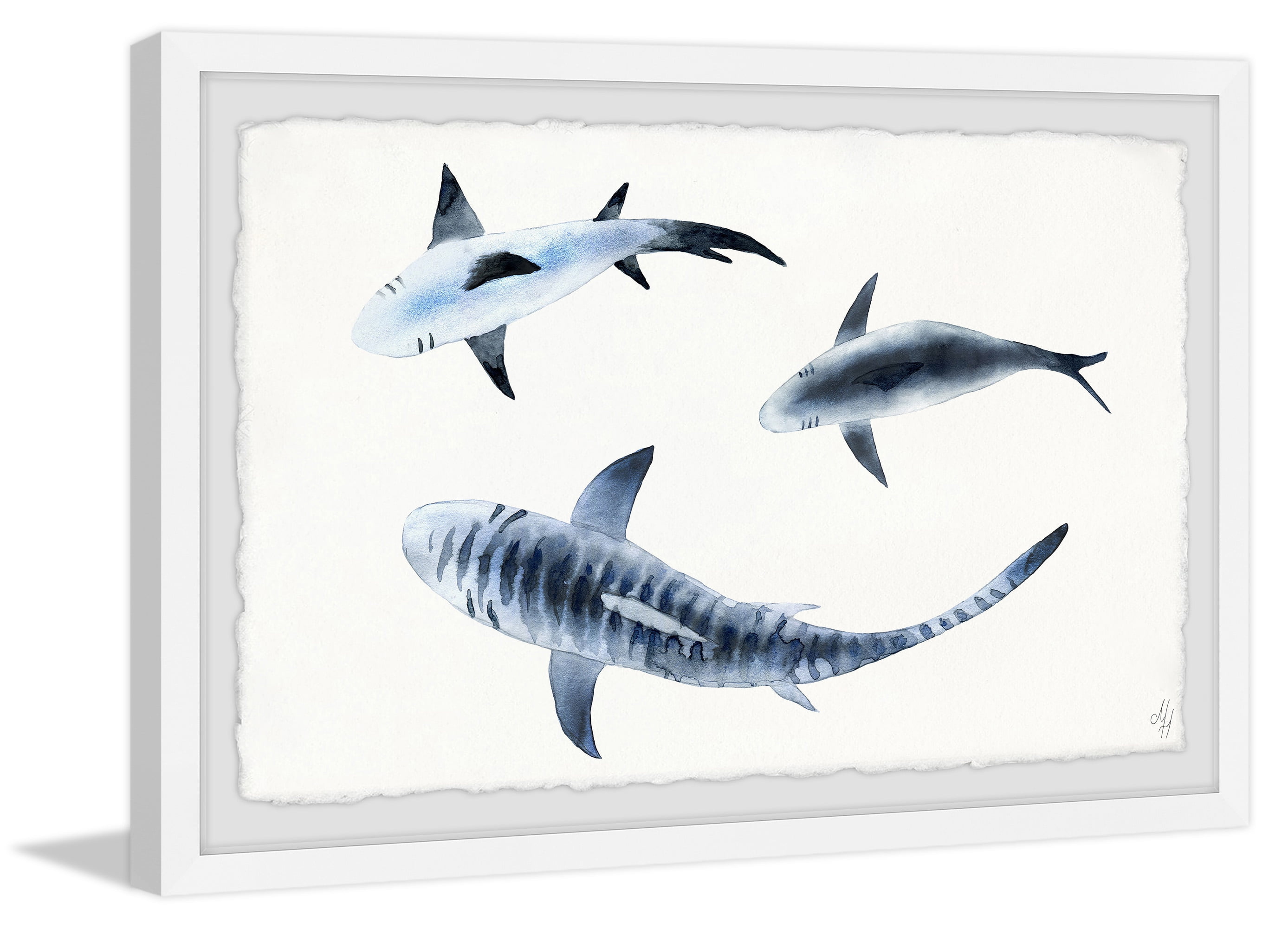 Marmont Hill Blue Fish Trio Framed Wall Art, 12" x 1.5"