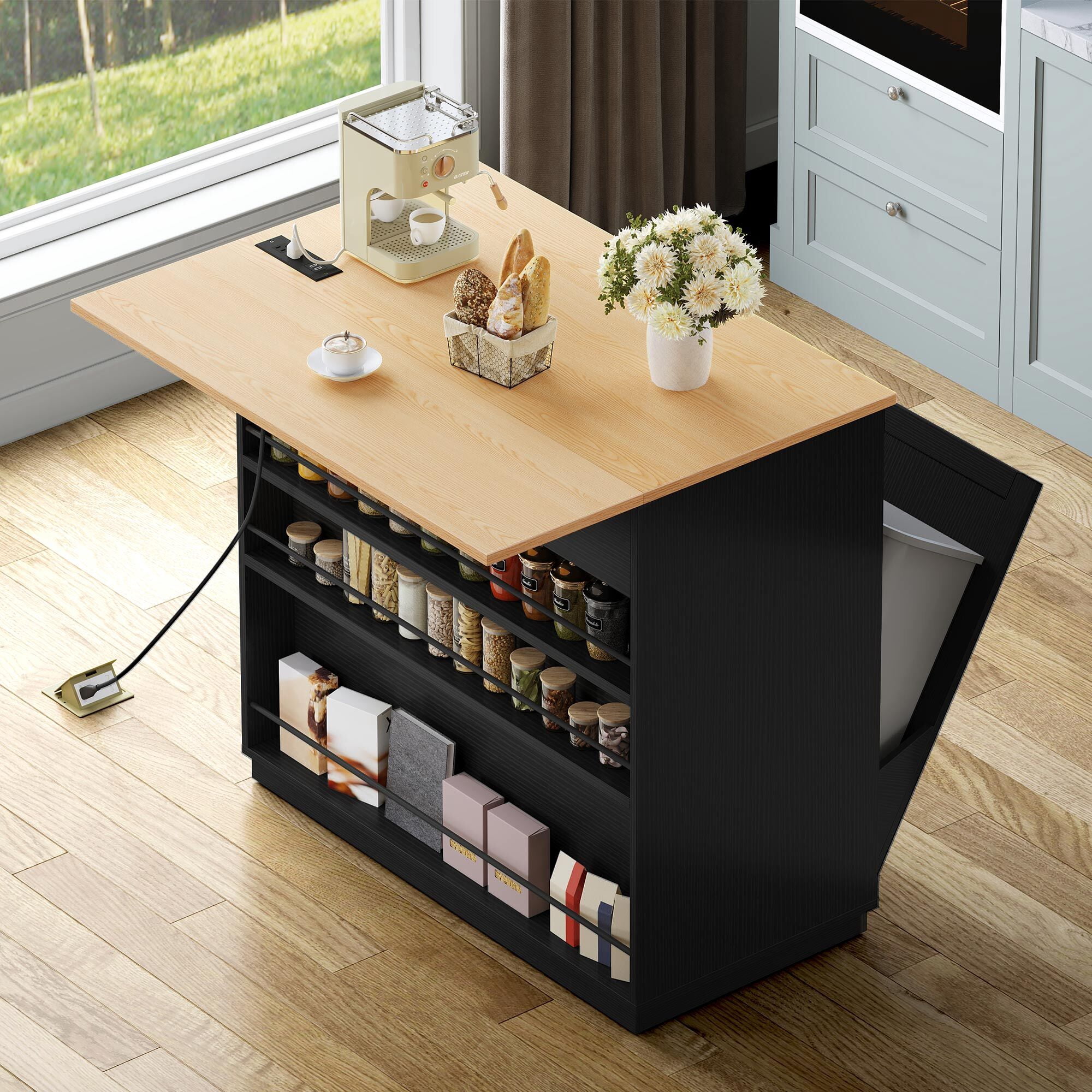 Uforic Kitchen Island Table with Drop Leaf & Power Outlets & Trash Storage, Black