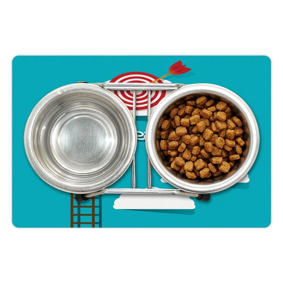 Inspirational Pet Mat for Food and Water, Dream Big Phrase with Dart Board Fluffy Clouds Staircase Optimistic Attitude, Non-Slip Rubber Mat for Dogs and Cats, 18" X 12", by Ambesonne