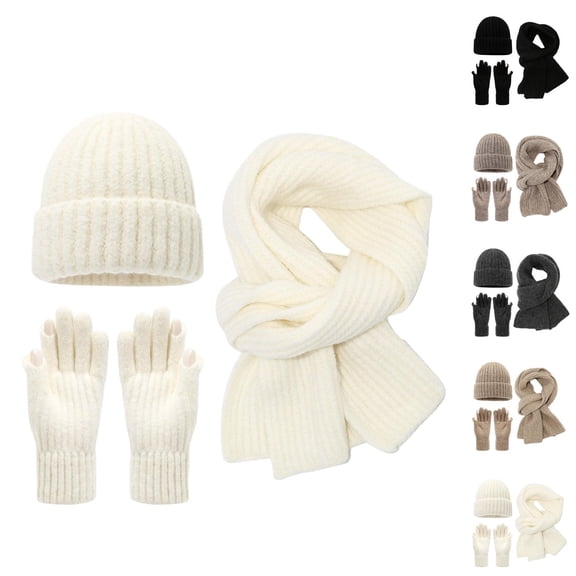 Adult Winter Knit Hat Scarf Gloves Set - Soft Plush Beanie Neck Warmer Mittens, Windproof Warm Stocking Stuffers, Cold Weather Christmas Gifts For All
