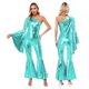 thumbnail image 3 of Mono de baile metálico brillante con parte inferior de campana para mujer, mono de manga acampanada con un hombro, uniforme de porristas, ropa de fiesta temática para discoteca, 3 of 5