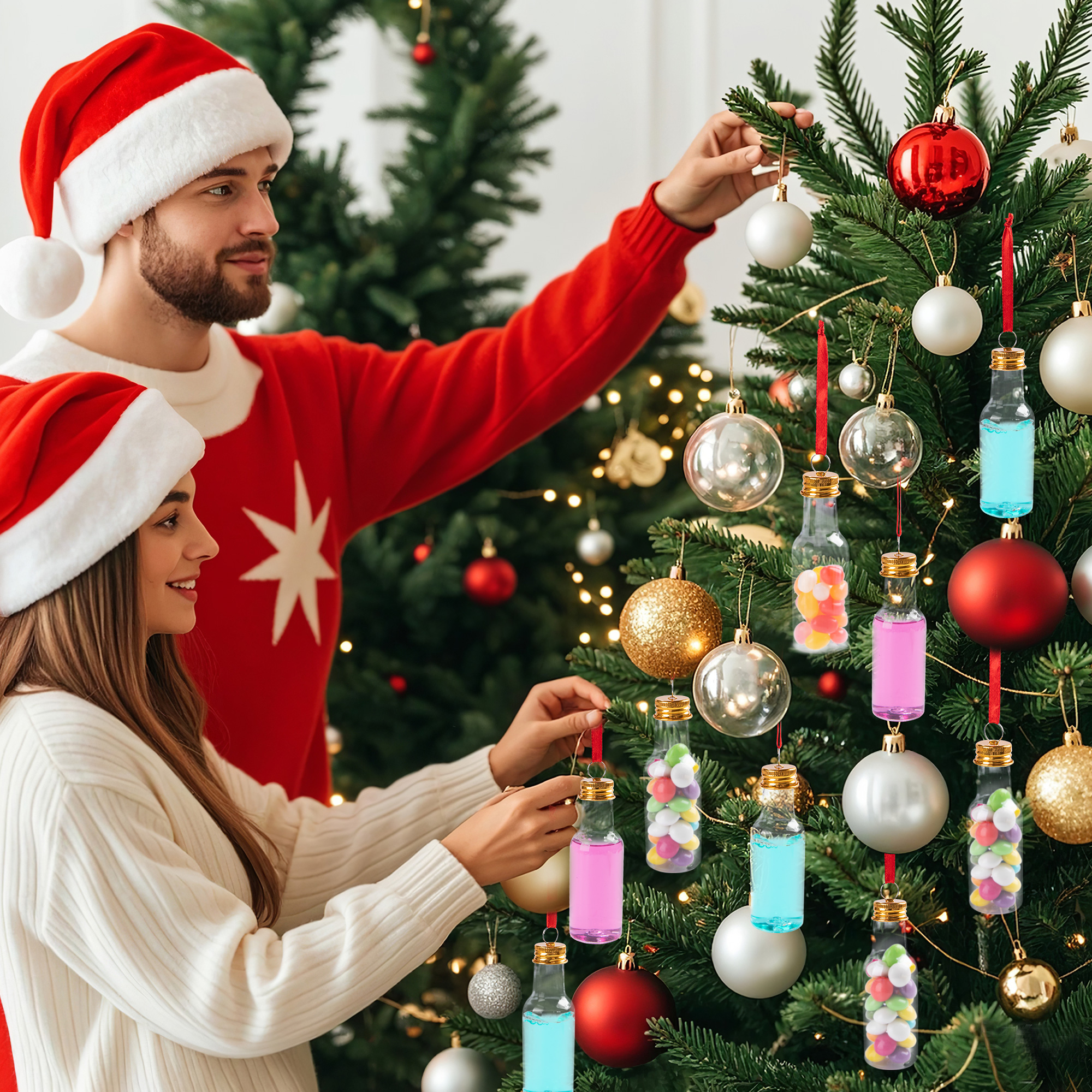 Fillable Christmas Ornament Drink Balls, 50ml Reusable Plastic Bottle-Shape Baubles, 6-Piece Set for Tree Hanging and White Elephant Gifts