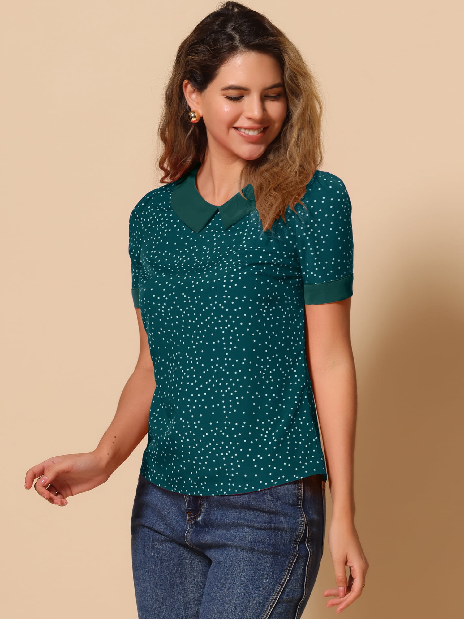 DARING DIVA Women's Contrast Peter Pan Collar Polka Dots Tops S Blue Green White