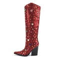 thumbnail image 2 of YDN Women Fashion Rhinestone Studded Knee High Boots Pull On Chunky High Heels Prom Daily Western Long Boots Size 9.5 Red, 2 of 3
