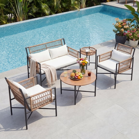 LAUSAINT HOME 5 Piece Outdoor Conversation Set, 2 Armchairs, 1 Loveseat and 2 Tables, Beige Cushions