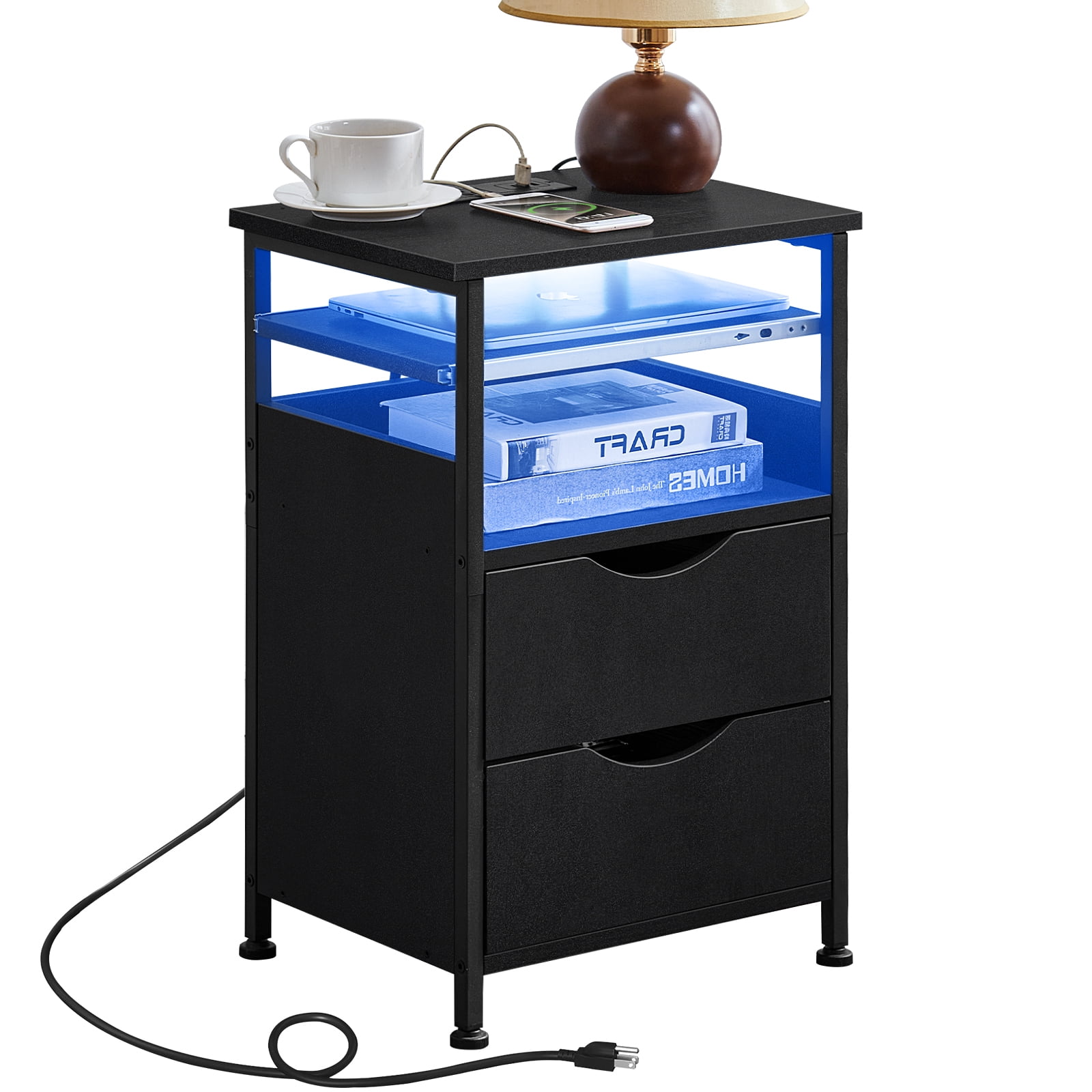 LELELINKY End Table with 2 Drawers Bedside Table with Charging Station & 7 Color LED Light, End Table with Storage Shelf for Living Room, Black