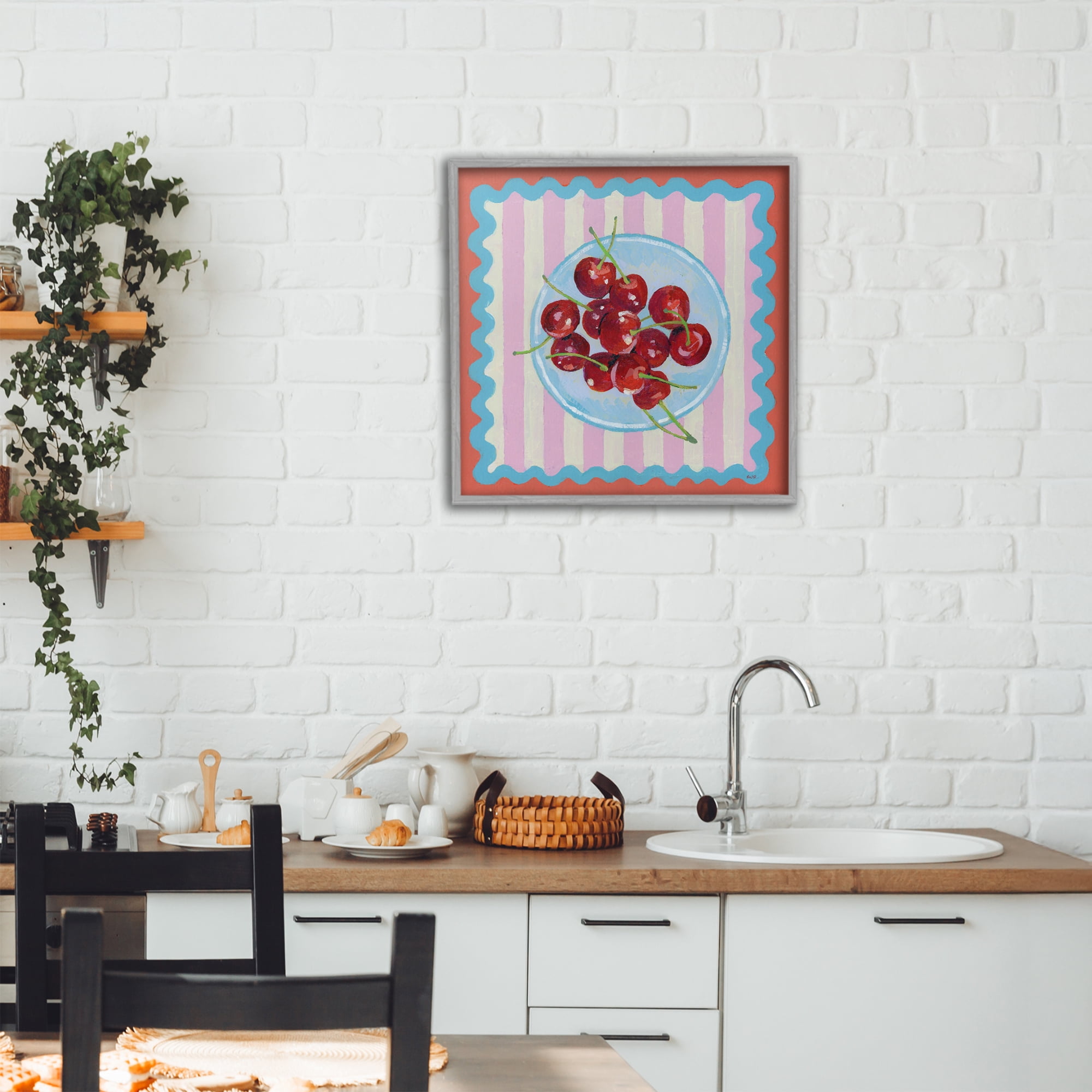 Stupell Industries Red Cherries over Pink Stripes Gray Framed Giclee Art, design by Rachael Reese