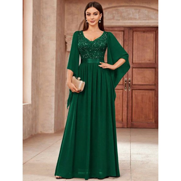Dark Green V-Neck Sequin Lace Insert Flowing Chiffon Maxi Dress