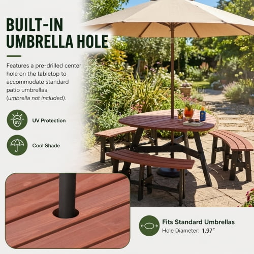 6-Person Semi-Circular Outdoor Picnic Table Set, Solid Fir Wood Dining Table with 3 Built-in Benches and Center Umbrella Hole, Rustic Brown Tabletop & Black Legs