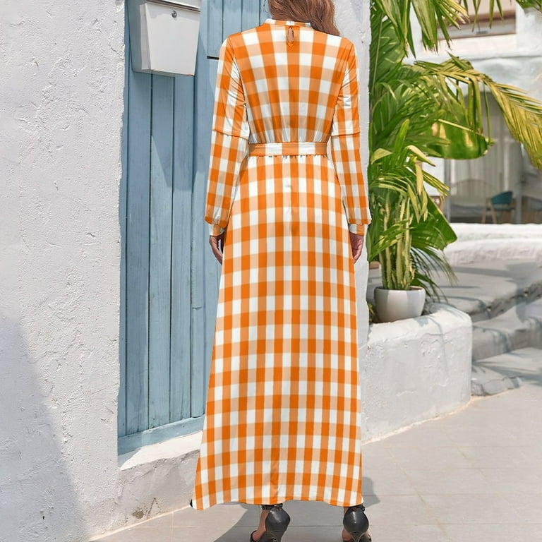 Classic Pumpkin Orange and White Gingham Check Pattern Long Dress birthday dress  dress for woman bandage - Walmart.com