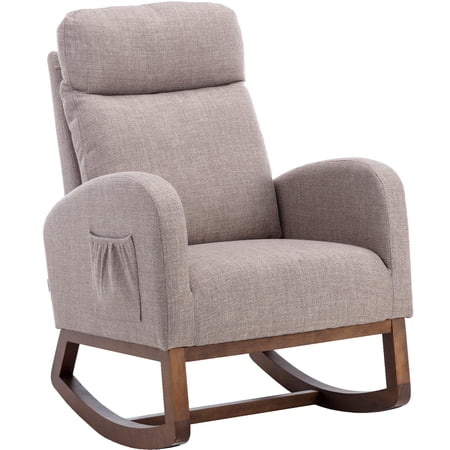 SYNGAR Modern Rocking Chair, Upholstered Fabric Accent Rocker Chair Solid Wood Curved Base High Back Nursery Armchair Single Sofa Chair with Side Pocket for Living Room, Bedroom, Office, Gray