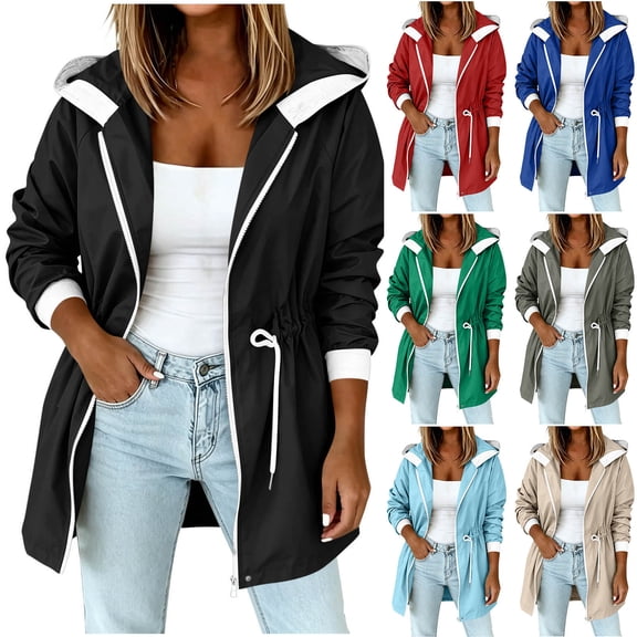 FRSASU Women's Jackets Waterproof Lightweight Zip Up Drawstring Hoodies Windbreaker Hiking Outdoor with Hooded Red