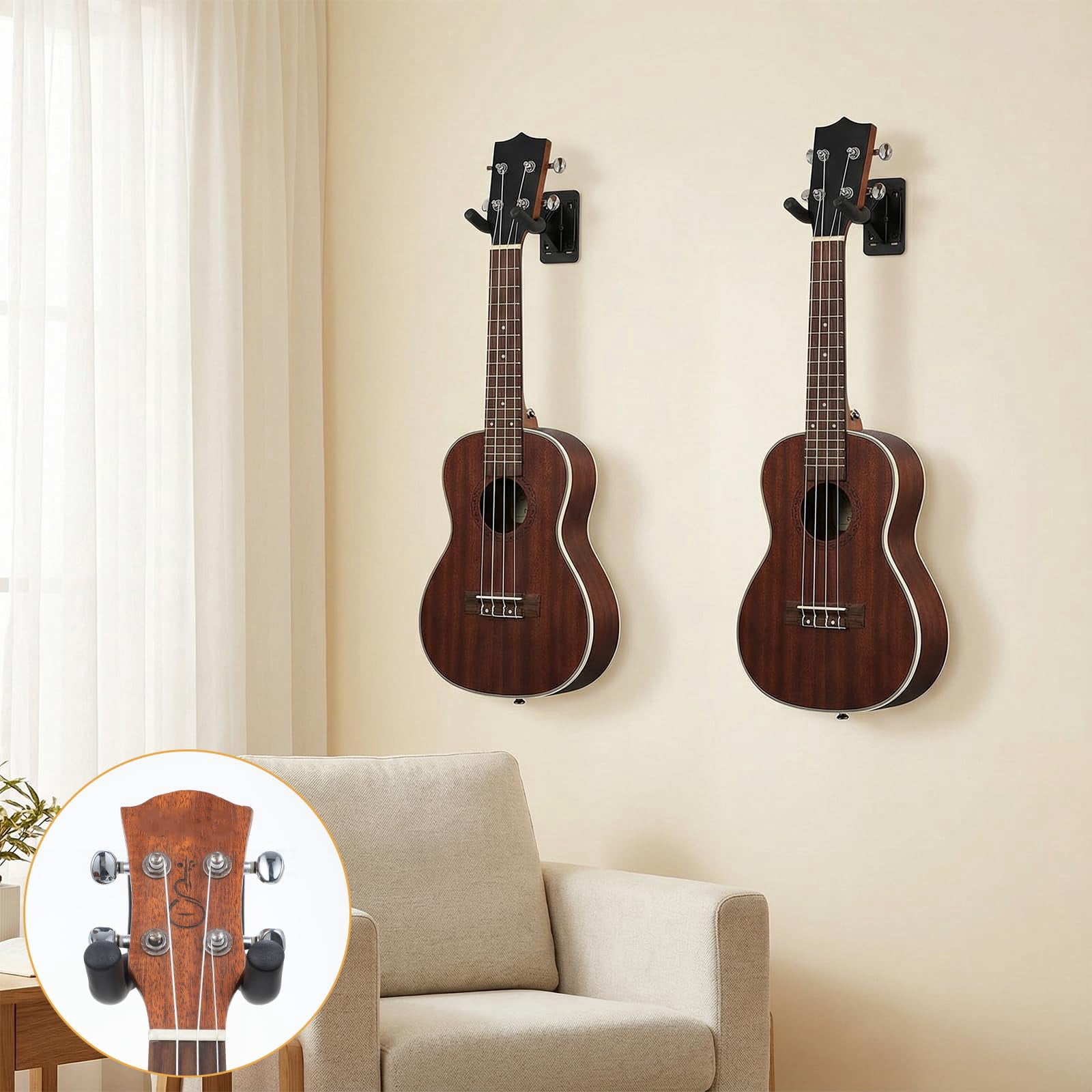 6 Pcs Guitar Hanger Wall Mount Heavy Duty Metal Hook Holder With Slat Adapter 180° Adjustable Black Stand For Acoustic Electric Bass Ukulele