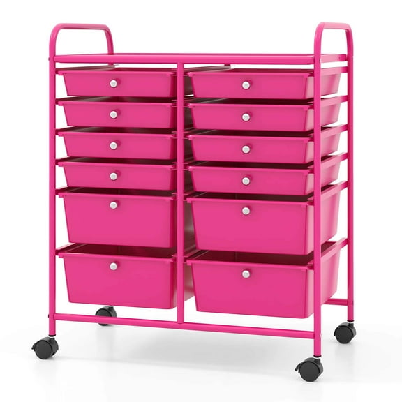 Gymax 12-Drawer Rolling Storage Cart w/ 2 Sizes Plastic Drawers Hot Pink
