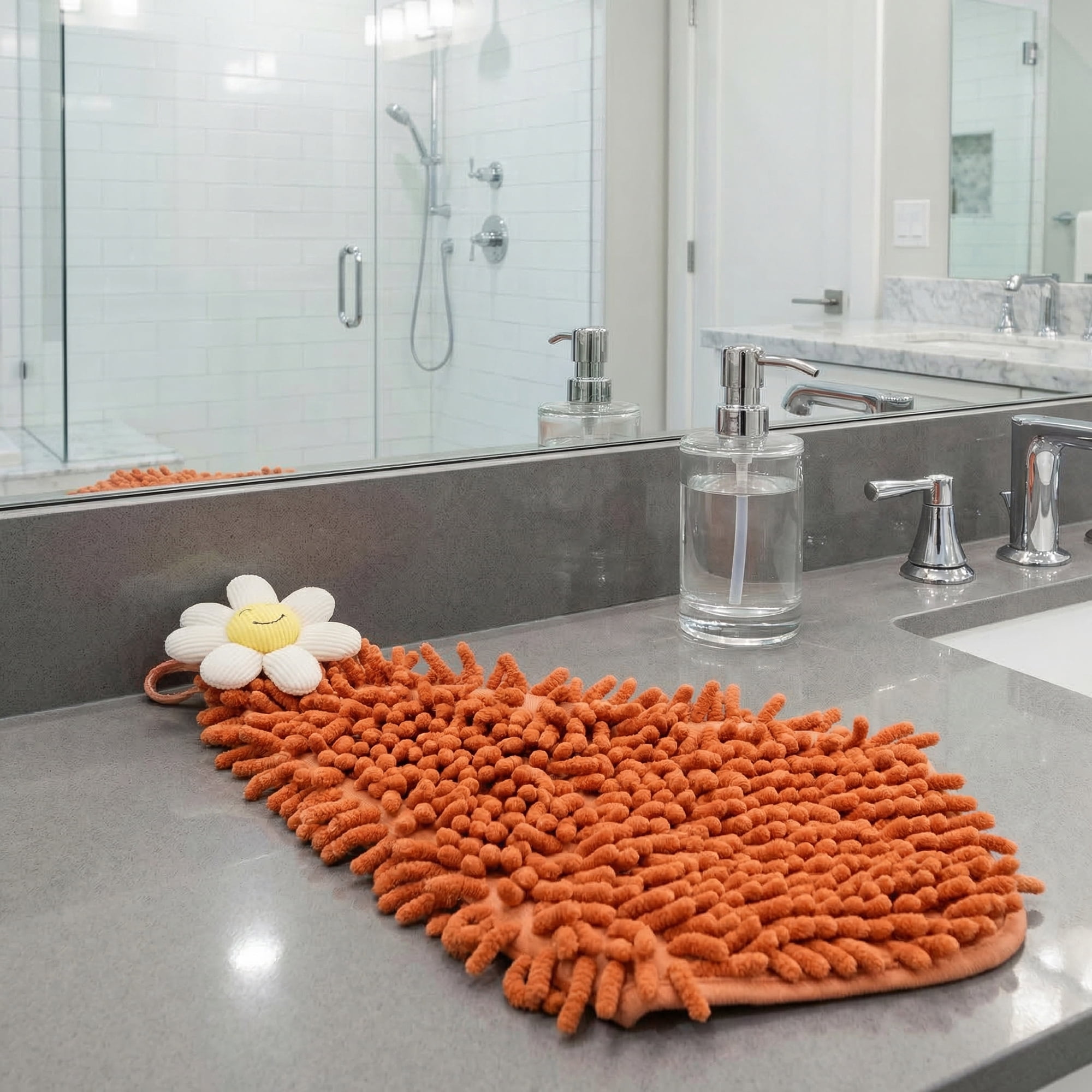 Unique Bargains Soft Absorbent Quick Dry Cute Flower Chenille Hand Towels Orange 12" x 12"
