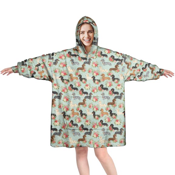Wearable Blanket Hoodie,Dachshund and Floral Blue Pattern Oversized Sherpa Blanket Hoodie with Super Pockets,Super Warm Fuzzy Pullover for Women & Men