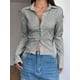 thumbnail image 5 of Camisa Corta A Rayas con Botones y Larga Ajustada para Mujer, Blusa de Trabajo Gris M, 5 of 10