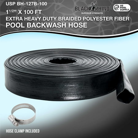 U.S. Pool Supply Black Rhino 1-1/2 x 100' Pool Backwash Hose with Hose Clamp - Extra Heavy Duty Superior Strength, Thick 1.2mm (47mils) - Weather Burst Resistant - Drain Clean Swimming Pools